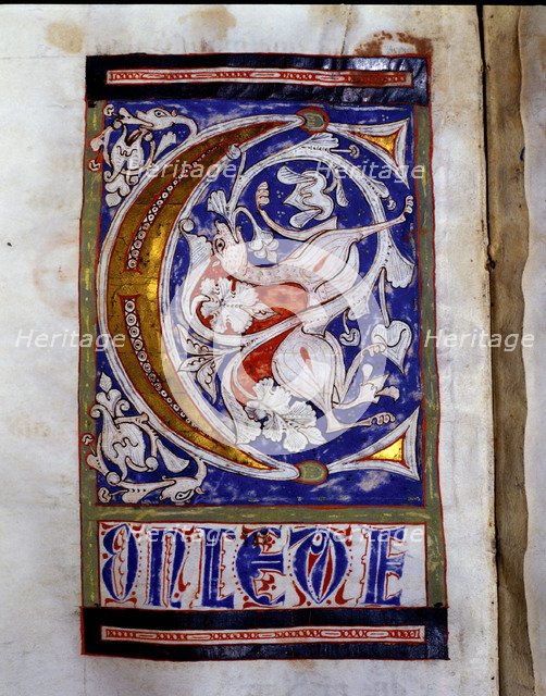 Drop cap 'C' illuminated with a quadruped and floral motifs in the 'Sacramentary of San Juan de l…