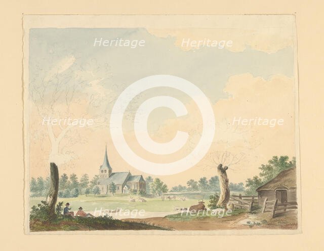 Landscape with a view of pasture on a church, 1700-1800. Creator: Anon.