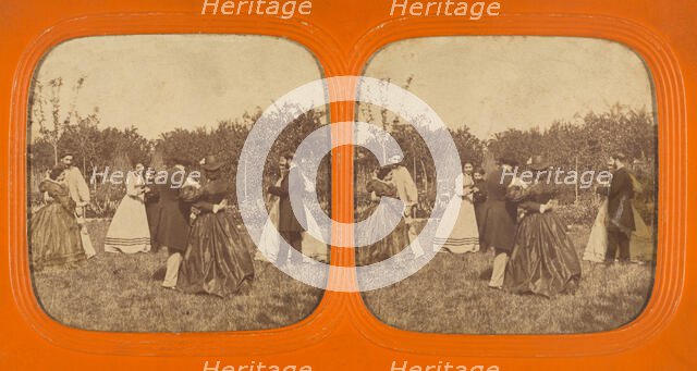 Group of well-dressed couples dancing outside, 1855-1860. Creator: Unknown.