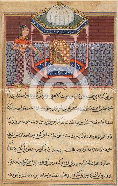 Page from Tales of a Parrot (Tuti-nama): Fifty-second night: The parrot addresses Khujasta..., c1560 Creator: Unknown.