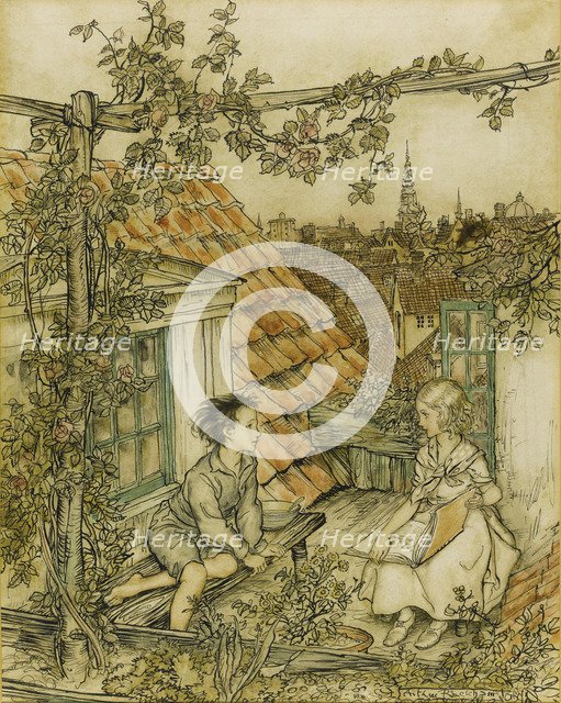 Kay and Gerda in their garden high up on the roof. Illustration for the tale of The Snow Queen, 18 Artist: Rackham, Arthur (1867-1939)