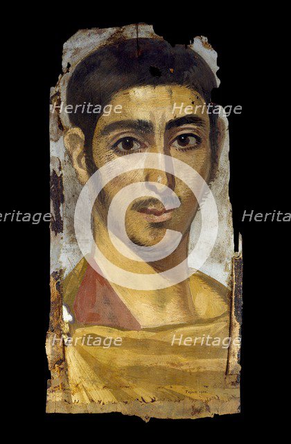 Mummy portrait in encaustic on wood panel: young man, perhaps a soldier, 193 - 235. Artist: Unknown.