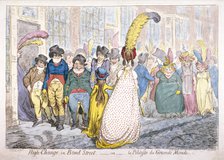 Five fashionably dressed men advance along Old Bond Street, Westminster, London, 1796. Artist: James Gillray