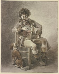 A man sits on a chair with a pipe in his hand, a dog beside him. Creator: Abraham Teerlink.