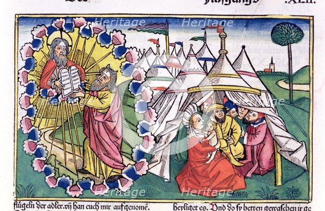 Moses receiving the Ten Commandments. Artist: Unknown