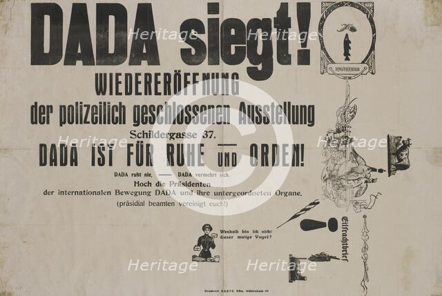 Dada siegt! : Wiedereröffnung der polizeilich geschlossenen Ausstellung, Schildergasse 37..., c1920. Creator: Max Ernst.
