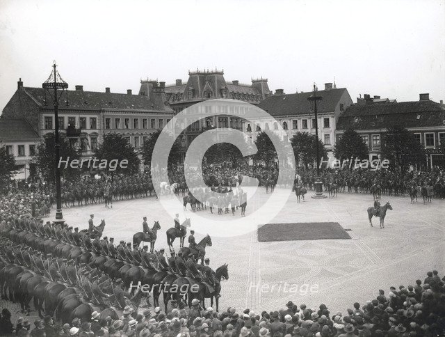 Cavalrymen parade in Town Hall Square before leaving for Malmo, Landskrona, Sweden, 1926. Artist: Unknown