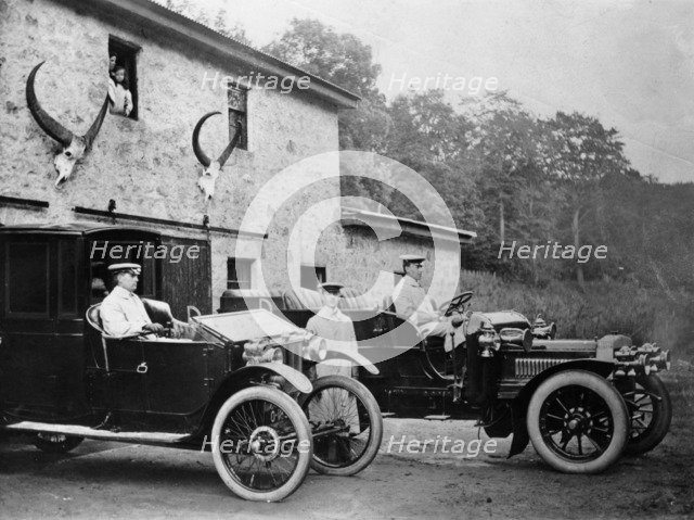 Men with 1905 Lanchester and 1906 Daimler at Fort Augustus, Scotland, 1907. Artist: Unknown