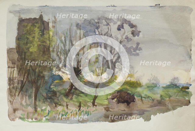 Landscape study with church tower and water, c1875-1944. Creator: George Clausen.