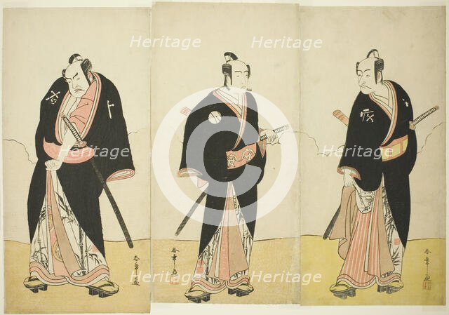 The Actors Ichikawa Danjuro V as Gokuin Sen'emon (right), Bando Mitsugoro I as An no He..., c. 1780. Creator: Shunsho.