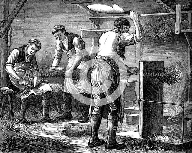Hand-scutchers at work, c1880. Artist: Unknown