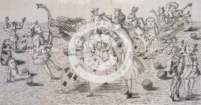 Alice and the Red Queen playing croquet, c1863. Creator: Lewis Carroll.