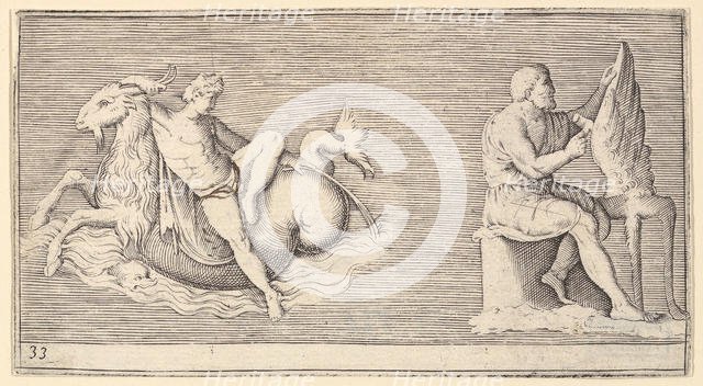 Figure on Seagoat; Man Carving Wing, published ca. 1599-1622. Creator: Unknown.