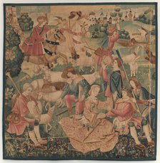 Hunting and Pastoral Scenes, with a wreathed hero between ladies, c. 1510. Creator: Unknown.