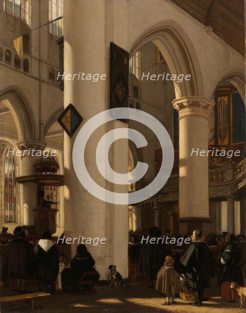 Interior of a Protestant, Gothic Church during a Service, 1669. Creator: Emanuel de Witte.