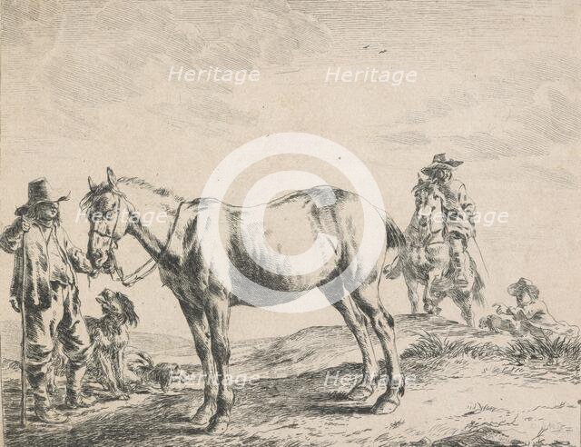 Horse, peasant, man and two dogs, 1651. Creator: Dirck Stoop.