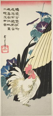 Rooster, umbrella, and morning glories, 1830s. Creator: Ando Hiroshige.