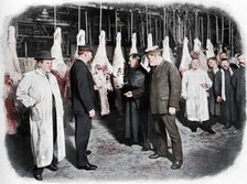 Inspecting meat at Smithfield Market, City of London, c1903 (1903). Artist: Unknown.