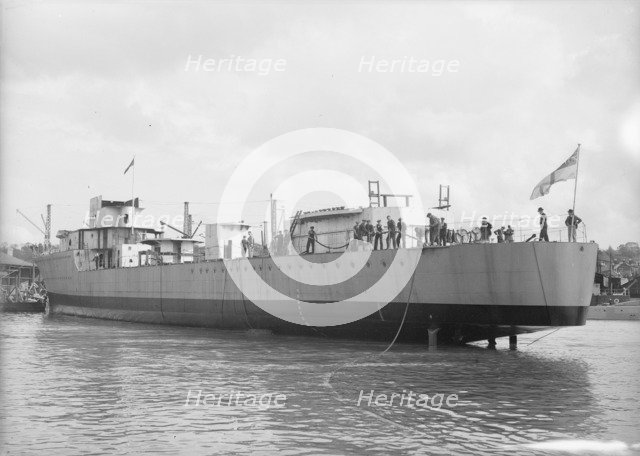 Launch of unknown ship at Samuel J. White's shipyard. Creator: Kirk & Sons of Cowes.