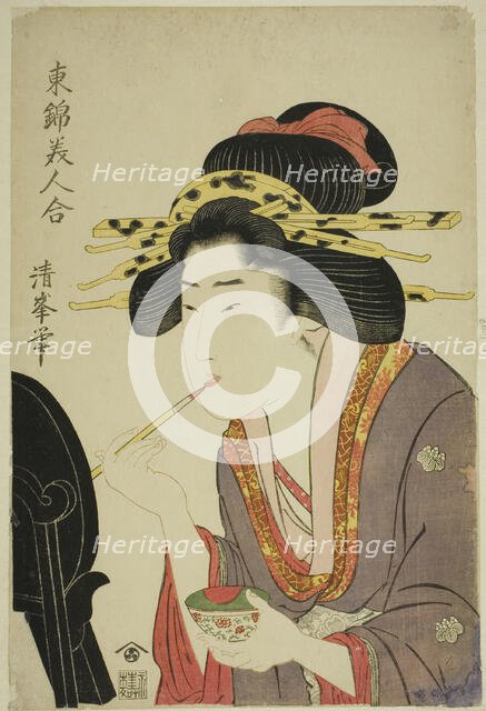 Beauty applying rouge, from the series "Comaprison of Beauties in Eastern Brocade...c. 1804/10. Creator: Torii Kiyomitsu II.