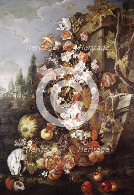 Still Life of Flowers and Fruits in a Garden, 1700-1710. Creator: Franz Werner von Tamm.