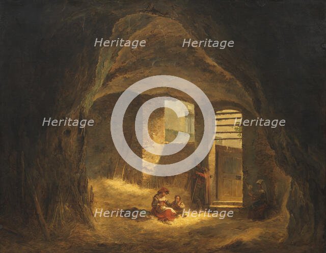Italian Peasants in a Grotto (Antique Grotto in the Tarpeian Rock), 1821. Creator: Alexander Lauréus.