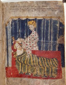 The wife of the Green Knight secretly visits Sir Gawain in his bedchamber, c1400-1410. Creator: Unknown.
