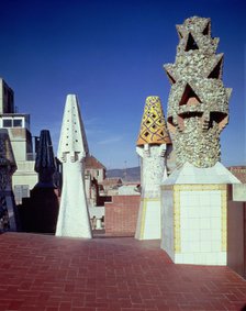 Chimneys on the east sector of the Güell Palace, 1886-1890, designed by Antoni Gaudí i Cornet, re…