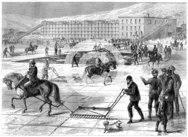 Cutting and storing ice on the Hudson River, New York, USA, 1875. Artist: Unknown