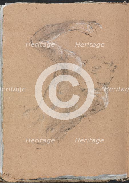 Verona Sketchbook :Male nude with upraised right arm (page 32), 1760. Creator: Francesco Lorenzi (Italian, 1723-1787).