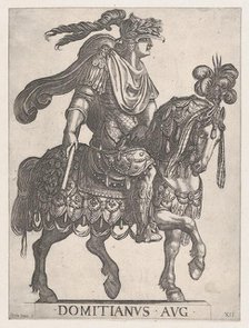 Plate 12: Emperor Domitian on horseback facing right from the 'First Twelve Emperors ..., 1575-1630. Creator: Antonio Tempesta.