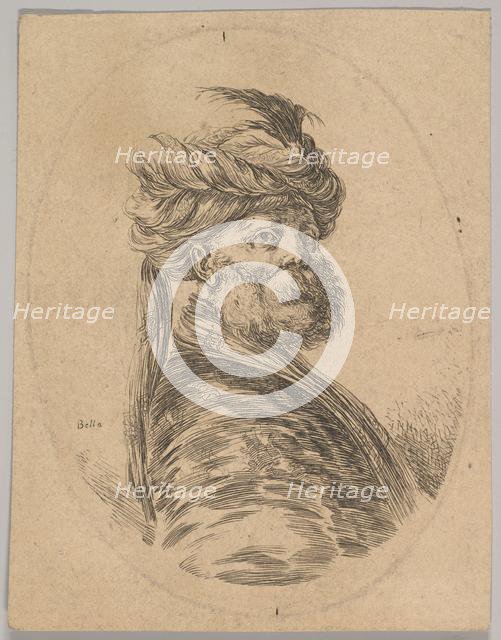 A Turkish man with a beard and turban with one long feather in front, turned three-quarter..., 1650. Creator: Stefano della Bella.