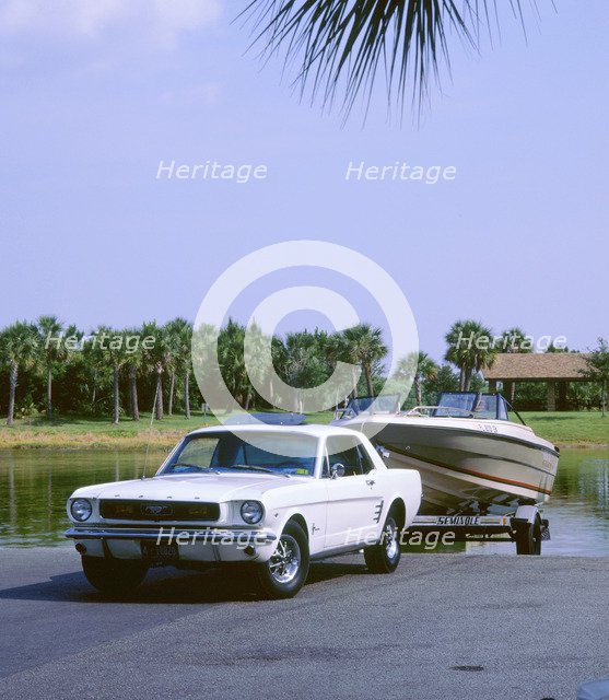 1967 Ford Mustang towing a boat. Artist: Unknown.