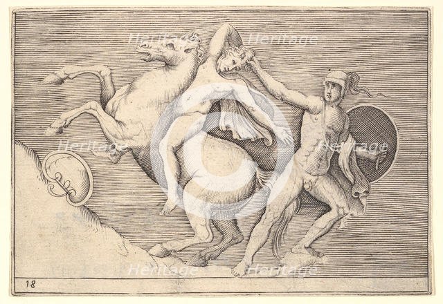 Warrior Pulling a Rider from His Horse, from "Ex Antiquis Camorum et Ge..., published ca. 1599-1622. Creator: Unknown.
