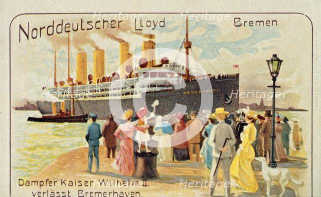 The giant SS 'Kaiser Wilhelm II' pulls away from the quayside at Bremerhaven, Germany, 1905. Creator: Unknown.