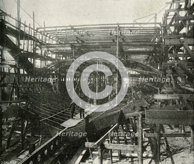 'The Building of a War-Ship: A First-Class Cruiser in Progress at the Thames Ironworks', (c1897). Artist: E&S Woodbury.