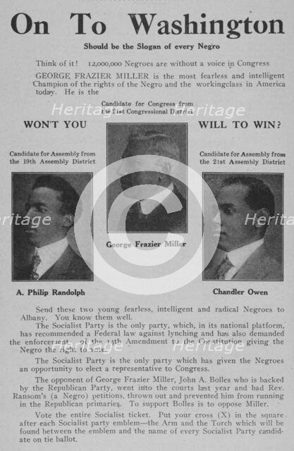 On to Washington; A. Philip Randolph, Candidate for Assembly from the 19th Assembly..., 1918-1922. Creator: Unknown.