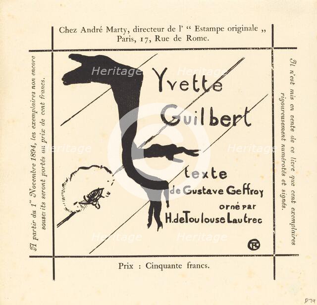 Advertisement for the Album Yvette Guilbert, 1894. Creator: Henri de Toulouse-Lautrec.