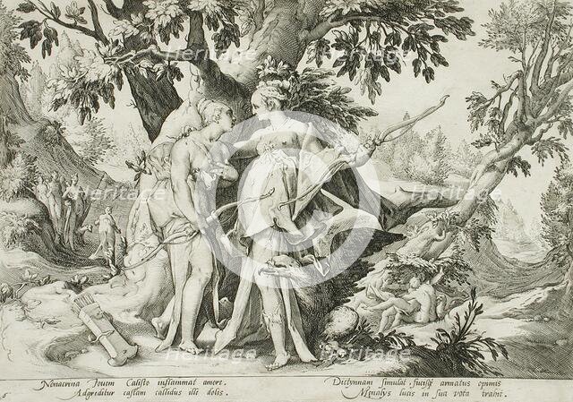 Jupiter Assuming the Form of Diana in Order to Seduce Callisto, published 1590. Creator: Hendrik Goltzius.