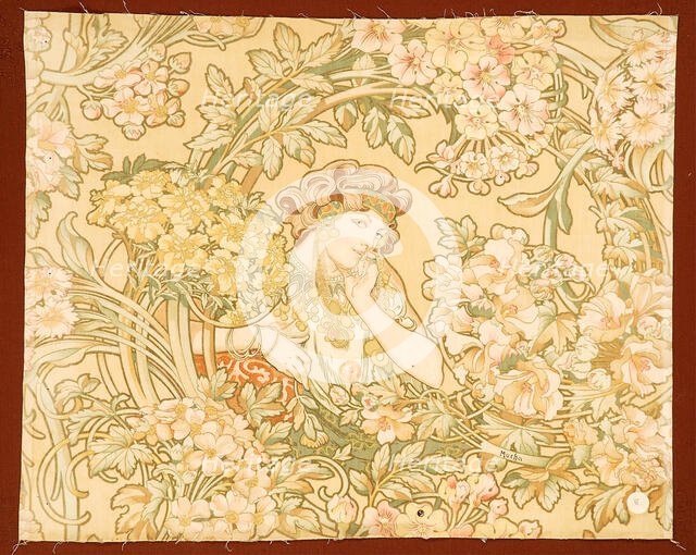 Woman among flowers (printed fabric), 1898-1899. Creator: Mucha, Alfons Marie (1860-1939).