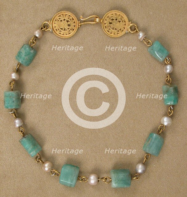 Gold Necklace with Pearls and Stones of Emerald Plasma, Byzantine, 6th-7th century. Creator: Unknown.