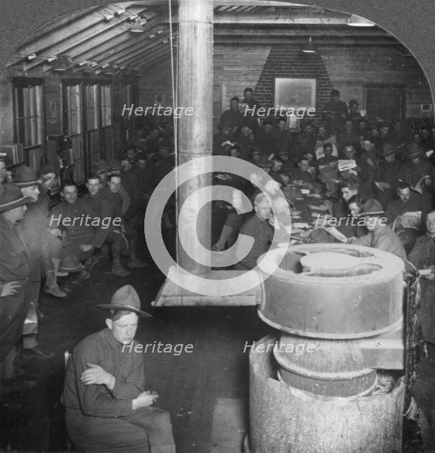 Social room of a YMCA army camp hut, early 20th century. Artist: Keystone View Company