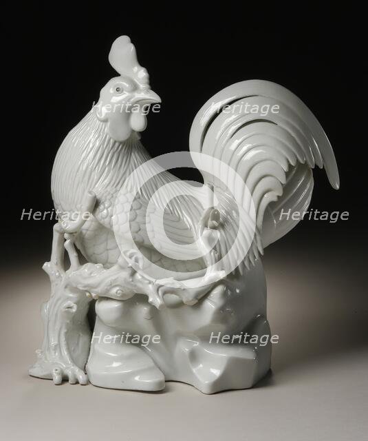 Okimono in the Form of a Seated Cockerel on a Branch and Rockery, 19th century. Creator: Unknown.