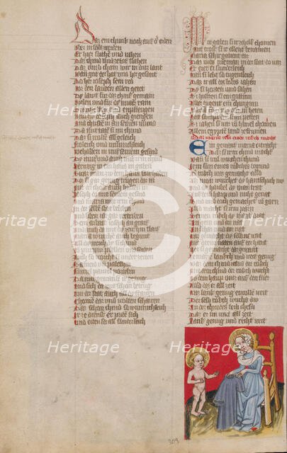 The Virgin Making Clothes for Jesus; Weltchronik, about 1400-1410. Creator: Unknown.