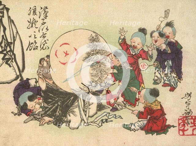 Children Blowing Up Hotei's Belly and Painting It Like Candy, May 1882. Creator: Tsukioka Yoshitoshi.