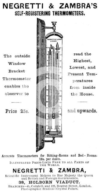 Advertisement for Negretti & Zambra's Self-Registering Thermometers, 1895. Creator: Unknown.