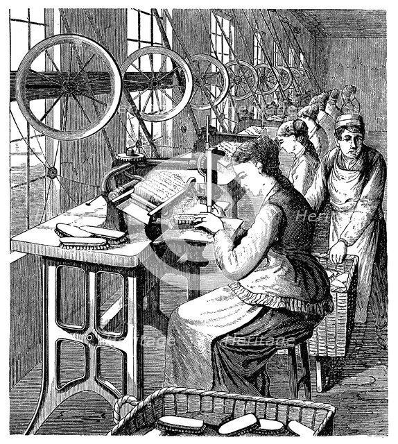 Women securing bristles in brushes using Woodbury's machine, late 19th century. Artist: Unknown
