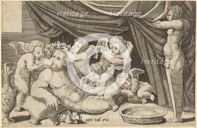 Speculum Romanae Magnificentiae: Bacchus Surrounded by Putti with Priapus holding ..., 16th century. Creator: Master of the Die.
