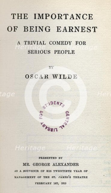 Title page from 'The Importance of Being Earnest', 1910.  Creator: Unknown.