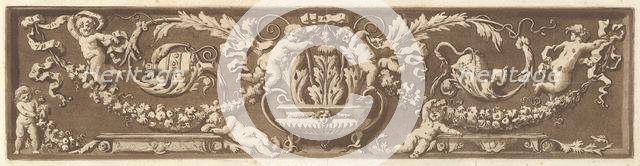 Ornamental frieze with putti, acanthus leaves, and garlands of fruit, from Recueil de Diff..., 1784. Creator: Jean Jacques Lagrenee.